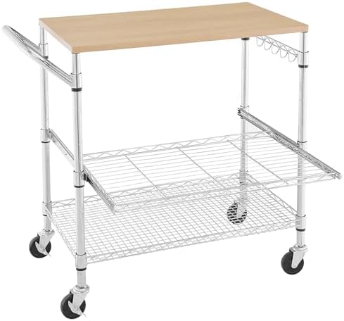 3 Tier Rolling Kitchen Cart with Wood Tabletop, Kitchen Island Carts with Wheels & Slider Shelf, Microwave Cart on Wheels, Coffee Cart with Hooks, 35.4" L*18.1" W*31.9" H，Wood+Chrome