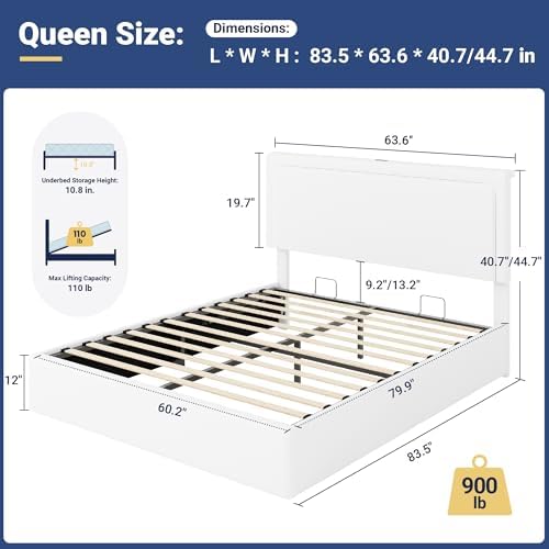 Allewie Queen Lift Up Storage Bed Frame with Charging Station, White