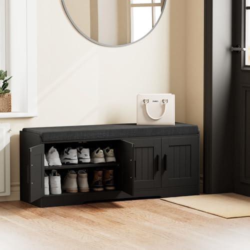 Homleke Shoe Storage Bench, 4 Doors & Thickened Padded Seat Cushion