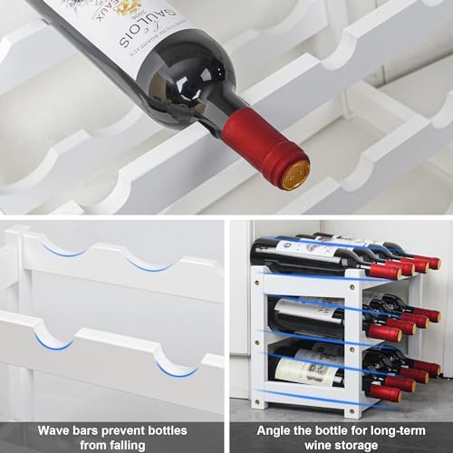 VASMIA Bamboo Wine Rack, Sturdy and Durable Wine Storage Cabinet Shelf, Wine Racks Countertop for Pantry,Kitchen,3-Tier 12 Bottles Wine Rack White