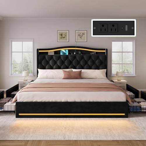 DWVO King Size Bed Frame with 4 Storage Drawers and RGB LED Lights