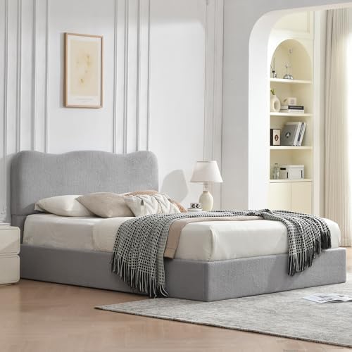 VELOCAVA King Size Boucle Upholstered Platform Bed with Lift-Up Storage, Soft Bed with Curved Headboard, Rounded Corners, Sturdy Wooden Slat Support, No Box Spring Needed, Light Gray