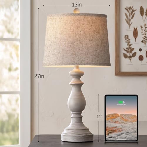 PARTPHONER Traditional Table Lamp Set of 2, Rustic Farmhouse Table Lamps for Living Room Bedroom, 27" Bedside Desk Lamps Vintage Nightstand Lamps with Linen Shades, Antique Grey