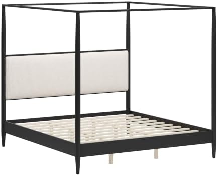 Merax King 4-Poster Wood Canopy Bed with Boucle Headboard, Black
