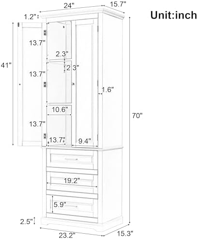 Polibi Tall Storage Cabinet with 3 Drawers, 3-Tier Adjustable Shelves & 2 Doors, Floor Freestanding Linen Cabinet for Bathroom, Living Room, Grey