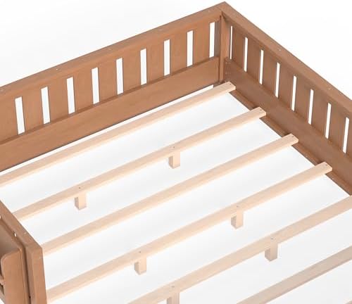 Bellemave Queen Size Floor Bed with Slats and Guardrails, Queen Size Montessori Floor Bed with Bookcase and Fence, Low Profile Montessori Beds for Kids, Natural Floor Beds Frame