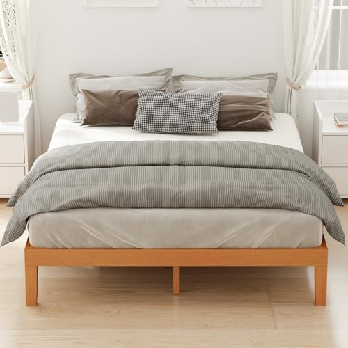 DUMOS Queen Bed Frame, Solid Wooden 12IN Platform Bed Base with Sturdy Wood Slat Support, Noise-Free Design, No Box Spring Needed, Easy Assembly, Natural Pine