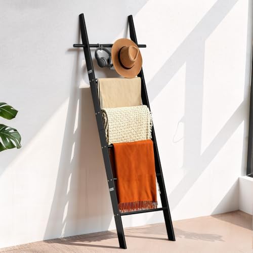 Farmhouse Wooden Blanket Ladder with Removable Hooks Black 6-Tier