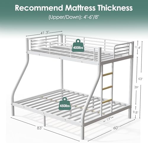 Bunk Beds Twin XL Over Queen, Heavy Duty Bunk Beds with Bottom Space & Guardrail Metal Bunk Bed Frame for Adults Teens Dorm Bedroom Guest Room, No Box Spring Needed（White）