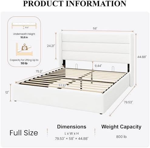 SHA CERLIN Full Size Lift Up Hydraulic Storage Bed Frame White