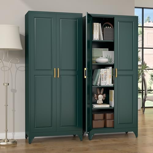 SteeLoong 75”Metal Pantry Storage Cabinet with Doors & 4 Adjustable Shelves | Kitchen Pantry Cabinet,Green Kitchen Cabinet with 2 Gold Handles,Tall Cabinet for Livingroom,Pantry, Bathroom,Kitchen,Garage
