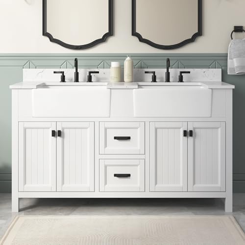 60 Inch Bathroom Vanity with Double Sink, Solid Wood, White | Farmhouse Pre Assembled Vanity Bathroom with Soft Closing Doors, Vanity for Bathroom, Apron Farm Sink