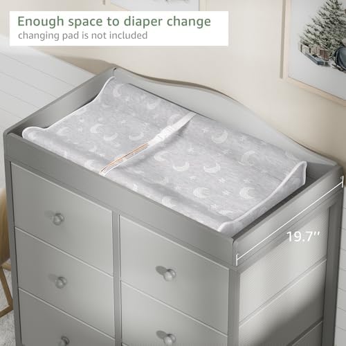 BOLUO Changing Table Dresser with 6 Fabric Drawers, Baby Dresser with Changing Table Top Diaper Changing Station with Storage for Nursery Modern Grey