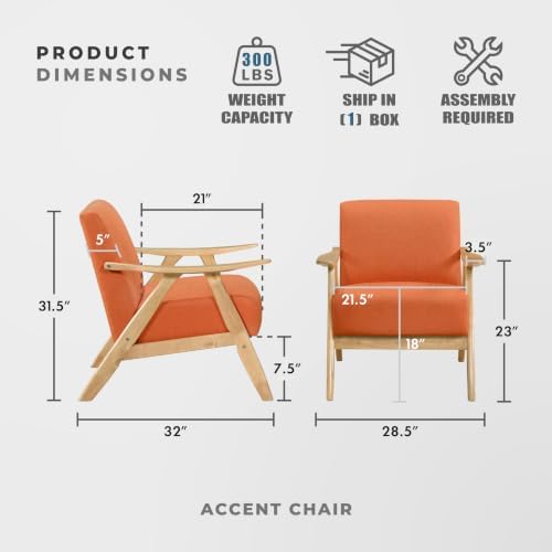 Lexicon Mid Century Modern Accent Chair with Natural Wood Frame, Orange