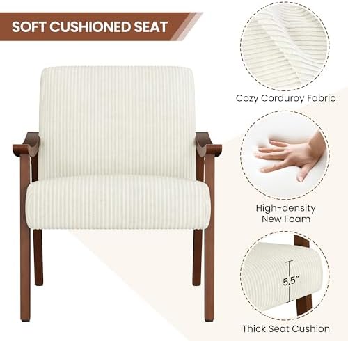 Yaheetech Accent Chairs, Mid-Century Corduroy Fabric Armchairs, Beige
