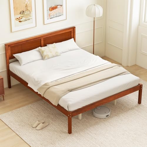 GIANTEX Queen Wood Platform Bed Frame with Headboard, Mid Century Queen Bed Frame with Wood Slat Support, Solid Wood Foundation with 16" Under Bed Storage, No Box Spring Needed, Easy Assembly