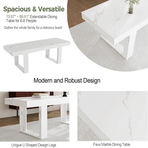 71-87 Inch White Extendable Dining Table, Seats 6-10, Modern Kitchen Table