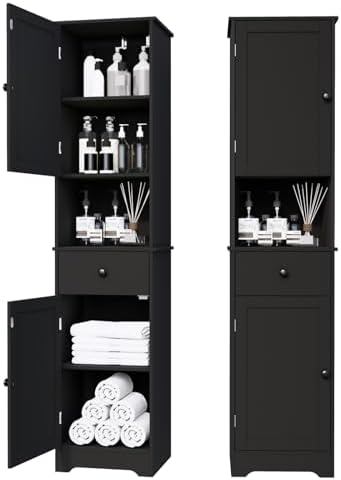 Viaozutis Tall Bathroom Cabinet, Storage Cabinet with 2 Doors & 2Drawer, with Ajustable Shelve, for Bathrooms, Kitchens,Entrances（Black）