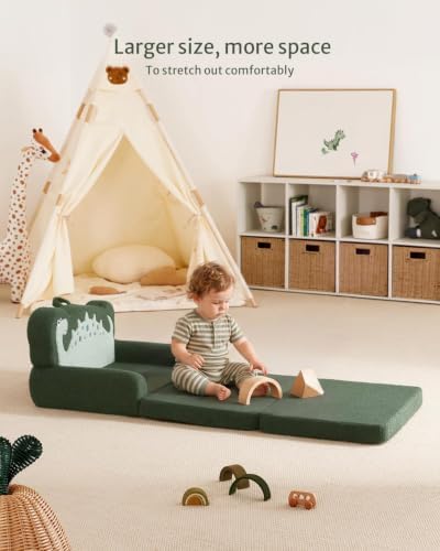 Blissful Diary Foldable Kids Couch, 2-in-1 Kids Sofa Chair, Green Dinosaur
