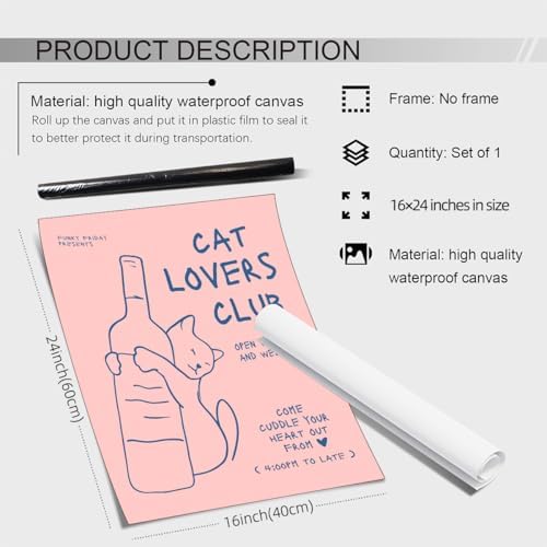 OMANI Cute Cat Alcohol Bottle Wall Art Funky Pink and Blue Aesthetic Poster Cat Lovers Club Canvas Prints Bar Cart Wall Decor for Home Bar Kitchen Bedroom 16x24 inch Unframed