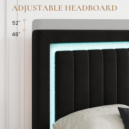 SHA CERLIN King Size Velvet Bed Frame with LED Light, Black