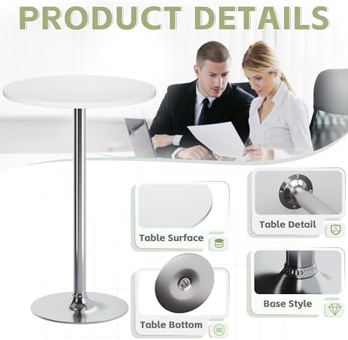 Flamaker Round Bistro Pub Table Modern Style Metal Base MDF Top Cocktail Bar Table Counter Bar Height for Pub, Dining Room, Party (1, White-Silver)