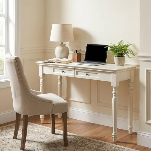47" Narrow Solid Wood Writing Desk with Drawers, White