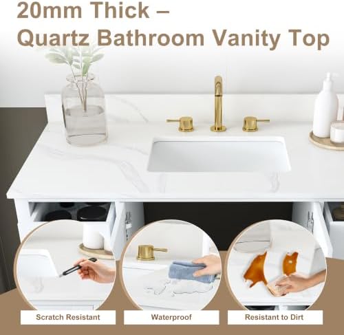 Montary 42" Bathroom Vanity with Sink & 43" Carrara White Quartz Top with 3 Pre-Drilled Faucet Holes, Solid Wood Cabinet, Soft-Close Double Doors & 9 Smooth-Glide Drawers,White