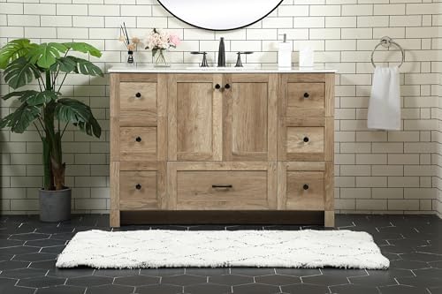 48" Pre-Assembled Bathroom Vanity with Sink, Engineered Wood, Ivory White Engineered Marble Countertop Attached, Single Rectangle Porcelain Sink, 7 Soft-Close Drawers, Natural Oak