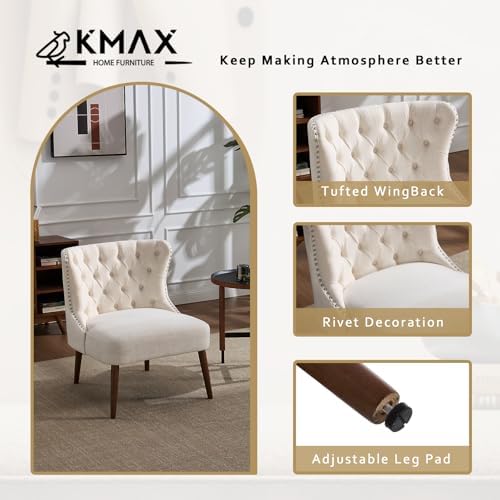Kmax Accent Chairs Set of 2, Slipper Chairs with Button Tufted Wingback, Armless Living Room Chairs with Nails Modern Side Chairs for Bedroom Reception Office Small Space - Linen Beige, Walnut Legs