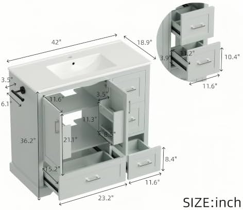LUMISOL 42 Inch Bathroom Vanity with Ceramic Sink, Modern Freestanding Bathroom Cabinet with 4 Drawers, 2 Soft-Close Doors, Door Racks, Towel Rack, Solid Wood Frame, Mint Green