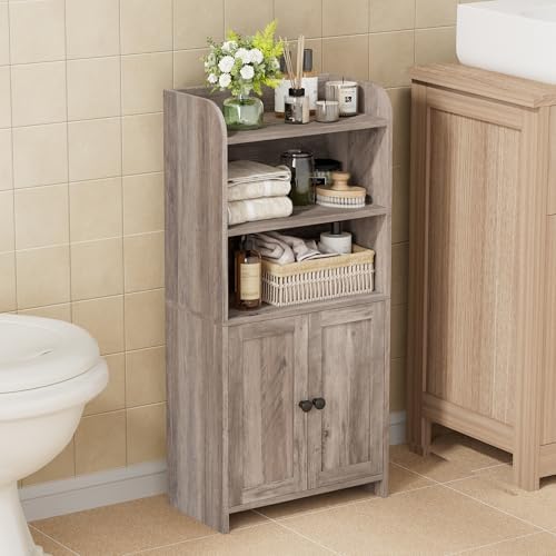 Homhedy Small Bathroom Storage Cabinet, Toilet Paper Storage Cabinet | Bathroom Floor Cabinet with Doors and Shelves, Bathroom Organizers for Small Spaces, 7.9" D x 14.6" W x 31" H, Greige