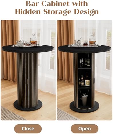 Bar Table with Storage and Sliding Door, 39.4” H 31.5” W Small Round Kitchen Table, Home Bar High Top Cocktail Table for Kitchen, Coffee Bar, Living Room, Black