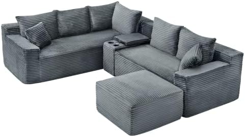 106-Inch Oversized L-Shaped Corner Cloud Couch Modular Cloud Sectional Couch W/Console & Ottoman, Compression Boneless Corner Sofa Plush Corduroy Sectional Sofa for Living Room