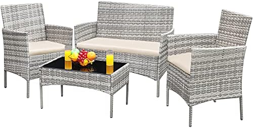 Greesum Patio Furniture 4 Pieces Conversation Sets,Gray and Beige