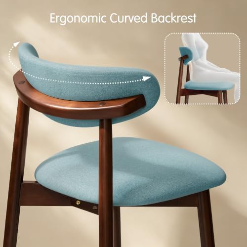 CHUN YI Dining Chairs Set of 2, Upholstered Solid Wood Dining Room Chairs, Mid Century Modern Fabric Kitchen Chairs with Ergonomic Curved Back, Blue