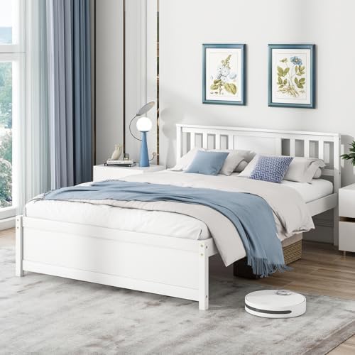 GIANTEX Full Size Solid Wood Platform Bed Frame, Mid Century Full Bed Frame with Headboard, Wood Slat Support, Double Panel Bed, No Box Spring Needed, Easy Assembly, White