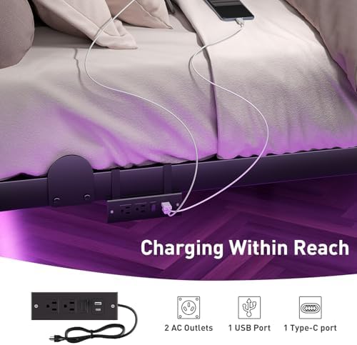 AGXI Floating Bed Frame with LED Lights and Charging Station, 10 Inch King Size Floating Bed Frame, King Platform Bed Frame, No Box Spring Needed, Easy to Assemble