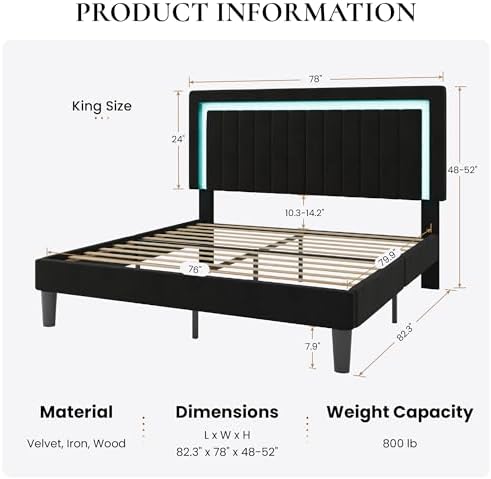 SHA CERLIN King Size Velvet Bed Frame with LED Light, Black
