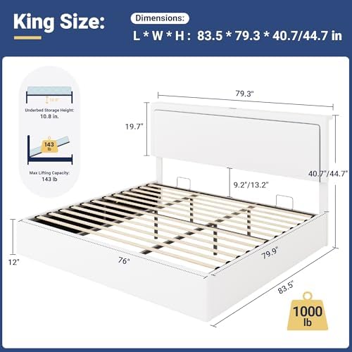Allewie King Lift Up Storage Bed Frame with Charging Station, White