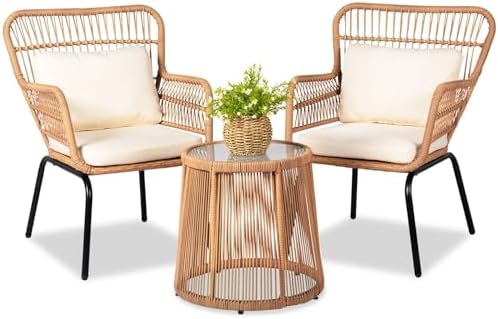 3 Piece Outdoor Wicker Furniture Bistro Set, Rattan Chairs Conversation Sets Wicker Patio Furniture for Balcony Poolside Backyard, Yellow/Beige