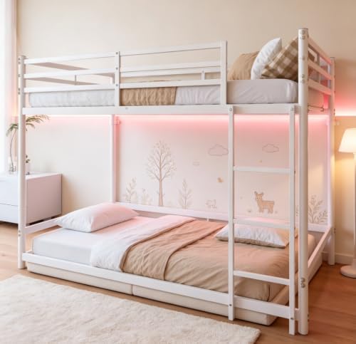 Bellemave Twin Over Twin Bunk Beds, Metal Floor Bunk Bed Frame with Ladder and Full-Length Guardrail for Kids, Adults, White