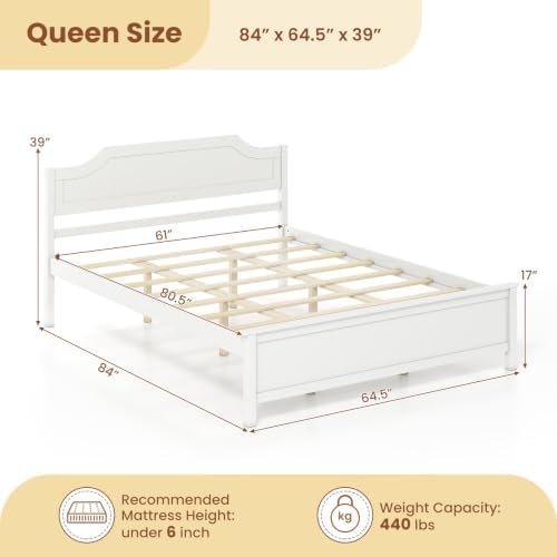 GIANTEX Queen Size Wooden Bed Frame with Headboard, Wood Slat Support