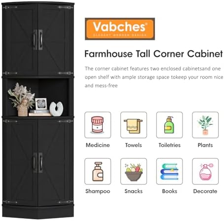 Vabches 64.8" Tall Farmhouse Corner Cabinet with 4 Doors and 5 Storage Shelves, Farmhouse Storage Cabinet with Barn Door Design, Home Space Saver for Living Room, Kitchen, Laundry Room,Black
