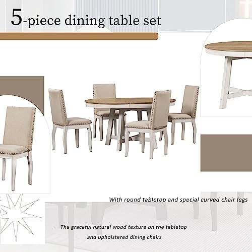Harper & Bright Designs TREXM 5-Piece Farmhouse Dining Table Set Wood Round Extendable Dining Table and 4 Upholstered Dining Chairs (Oak Natural Wood + Antique White)