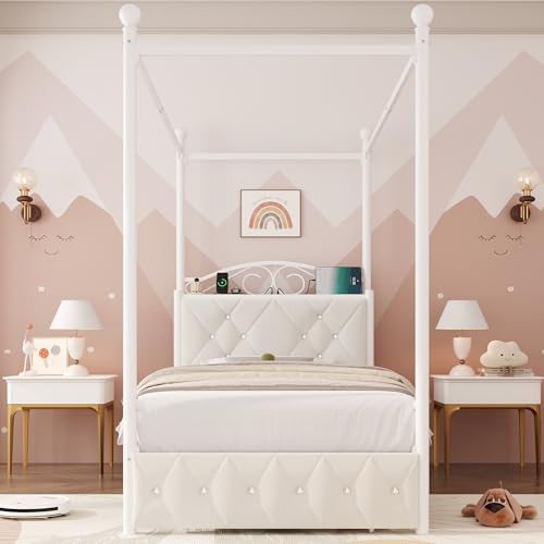 Keyluv Twin Upholstered Canopy Bed Frame with Drawer & Crystal Tufted Storage Headboard Metal Platform Bed with Charging Station & 4 Removable Posts No Box Spring Needed Curtain Not Included, Beige
