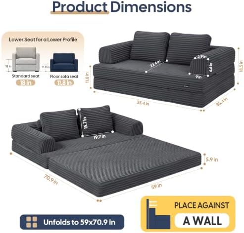 COMAX Convertible Futon Sofa Bed, 59" Folding Boneless Loveseat Small Couch