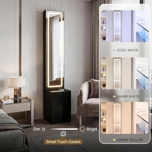 LED Full Length Mirror Jewelry Cabinet with Storage, 3 Color Adjustable Lighting Dressing Mirror Armoire, Large Standing Vanity Mirror Organizer Cabinet for Makeup & Jewelry Storage (black)