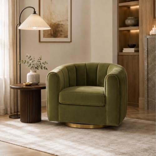 360° Swivel Accent Chair, Velvet Barrel Chair, Olive Green