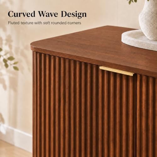 USHOWER 63" Fluted Buffet Cabinet with Storage, Wooden Sideboard, Walnut